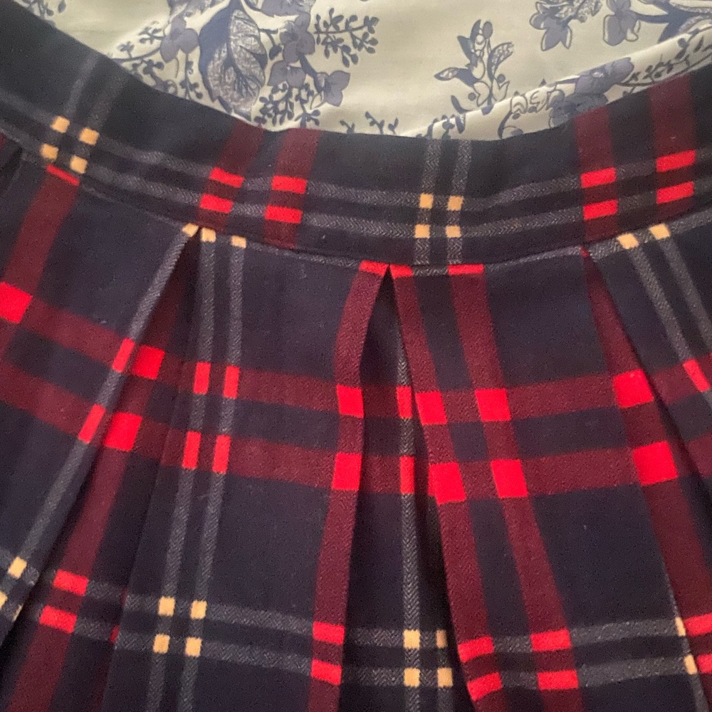 Navy Blue, Red and off white Plaid, A-line, unlined felt skirt. - Picture 2 of 3